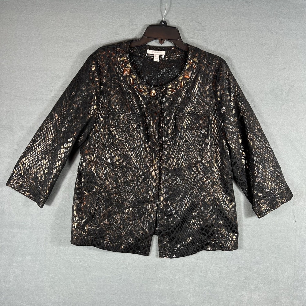JM Collection Women's‎ Size 14 Black Gold Metallic Embellished Open Front Jacket